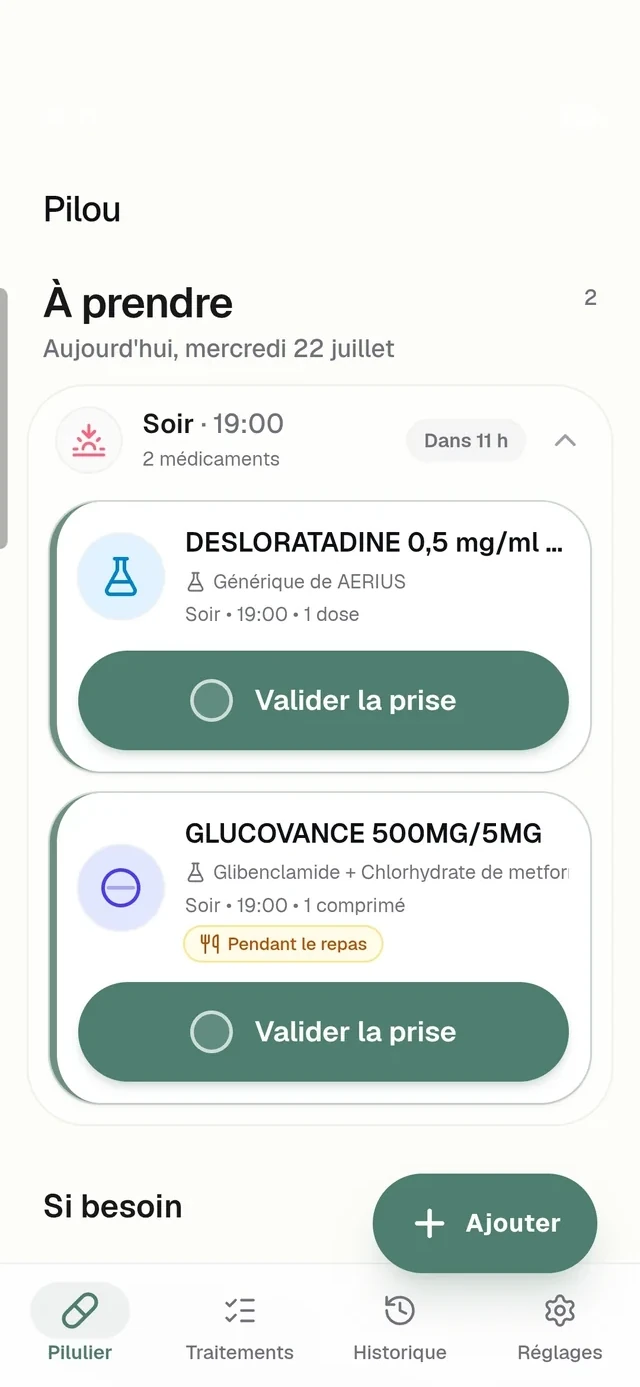 Pilou, écran d’accueil : les médicaments à prendre le soir.