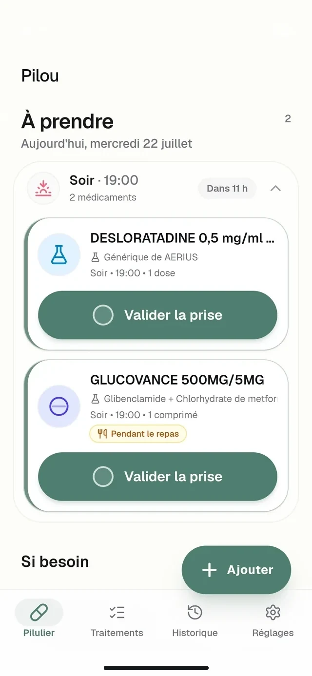 Pilou, application développée par AGC Logiciels : les médicaments à prendre le soir.