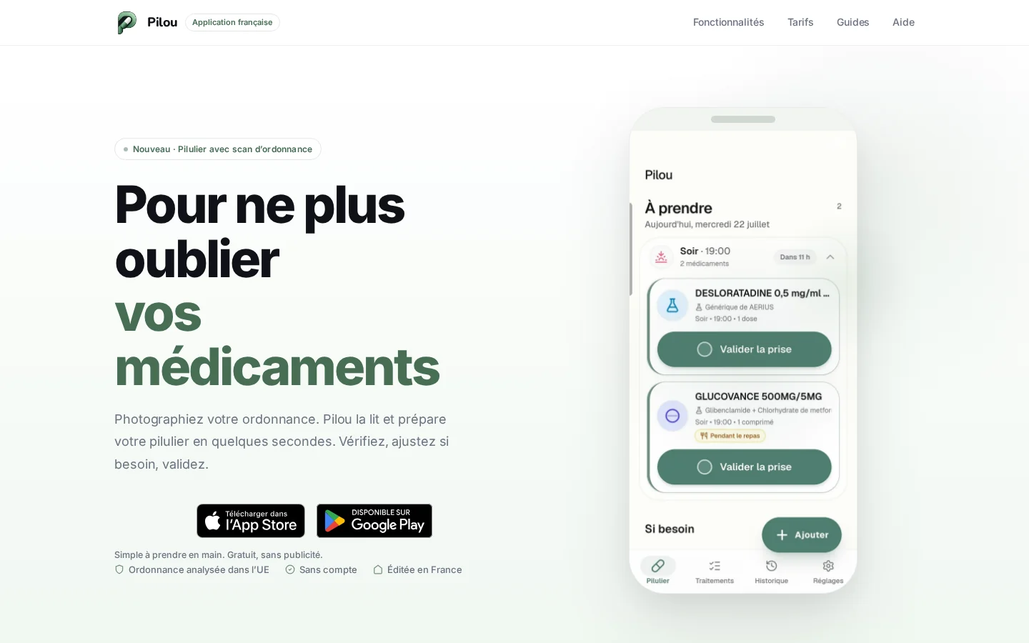 Page d’accueil du site pilou-app.fr sur ordinateur : titre « Pour ne plus oublier vos médicaments » et capture de l’application.